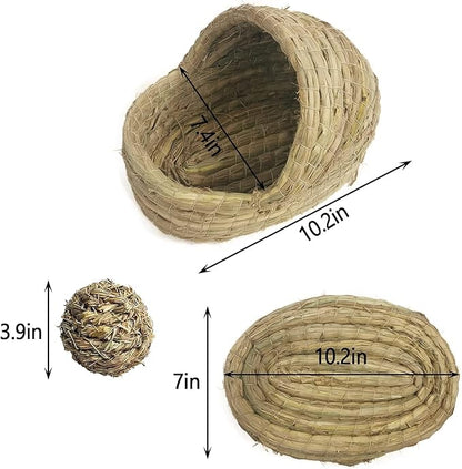 kathson Rabbit Grass House Bunny Woven Hay Bed Guinea Pig Hideout Hand Woven Natural Grass House for Hamster Bunny Guinea Pig and Small Animals with Hay Chew Balls Toys