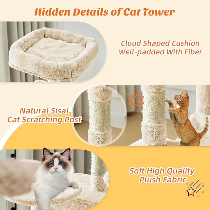 Sweetcrispy 44 inch Cat Tree Tower, Multi-Cat Climbing Tower with Condo, Natural Sisal Scratching Posts, Extended Platform, Hammock, Pet House for Indoor Cats and Kittens Play, Beige