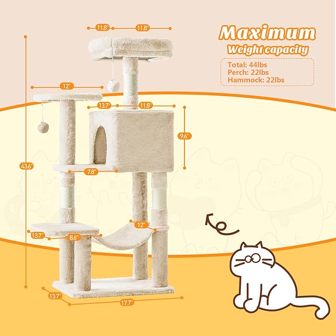 Sweetcrispy 44 inch Cat Tree Tower, Multi-Cat Climbing Tower with Condo, Natural Sisal Scratching Posts, Extended Platform, Hammock, Pet House for Indoor Cats and Kittens Play, Beige