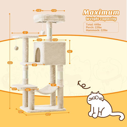 Sweetcrispy 44 inch Cat Tree Tower, Multi-Cat Climbing Tower with Condo, Natural Sisal Scratching Posts, Extended Platform, Hammock, Pet House for Indoor Cats and Kittens Play, Beige
