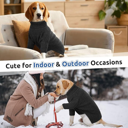 Queenmore Turtleneck Long Sleeve Knitted Sweater with Check Pattern, Warm Dog & Cat Sweater for Small to XXL, Charcoal Gray