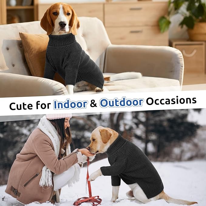 Queenmore Turtleneck Long Sleeve Knitted Dog Sweater With Check Pattern, Fall Winter Warm for Small Medium Large Dogs, Solid Pull-on Pet Sweater for Cats, Charcoal Gray 3XL