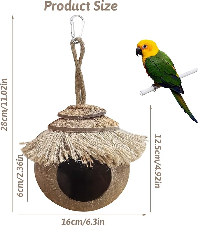 Tfwadmx Coconut Hide with Loop, Natural Coconut Fiber Hanging Birdhouse Cage, Coconut Bird Shell Breeding Nest for Parrot Parakeet Lovebird Finch Canary, Pet Cage Habitats Decor,Small Animals House