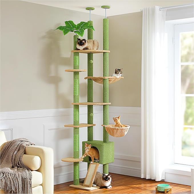 PETEPELA Floor to Ceiling Cat Tree, Adjustable 90.5''-100.4'' Cat Tower Cactus Climbing Tree with Scratching Posts, Spacious Condo and Large Hammock for Indoor Cats Large Adult, Green