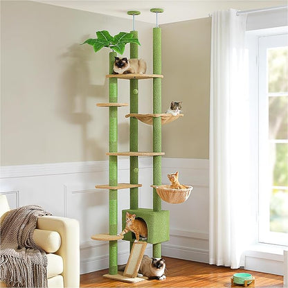 PETEPELA Floor to Ceiling Cat Tree, Adjustable 90.5''-100.4'' Cat Tower Cactus Climbing Tree with Scratching Posts, Spacious Condo and Large Hammock for Indoor Cats Large Adult, Green