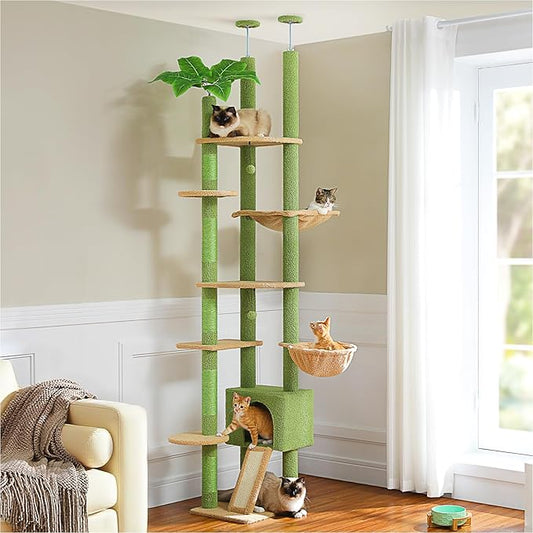 PETEPELA Floor to Ceiling Cat Tree, Adjustable 90.5''-100.4'' Cat Tower Cactus Climbing Tree with Scratching Posts, Spacious Condo and Large Hammock for Indoor Cats Large Adult, Green