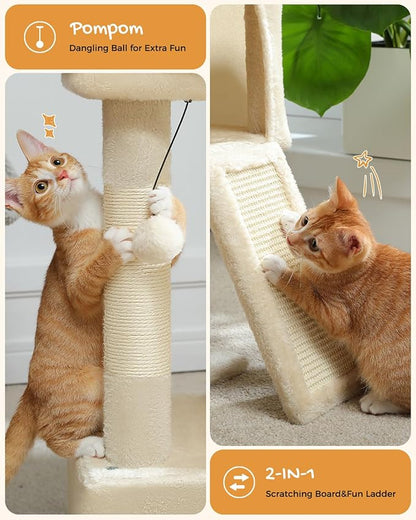 PAWZ Road Cat Tree, 30 Inches Cat Tower with Dual Condos for Indoor Cats, Plush Cat House with Padded Perch, Scratching Ramp and Posts and Replaceable Balls-Beige
