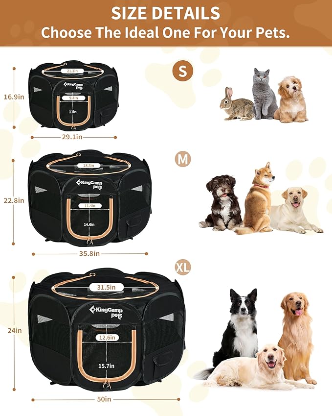 KingCamp Dog Playpen, Portable Foldable Cat Kitten Puppy Tent Crates 29"/36"/50" Pop Up Pet Playpen with Zippered Bottom & Cover for Indoor Outdoor Use (Small, Black)