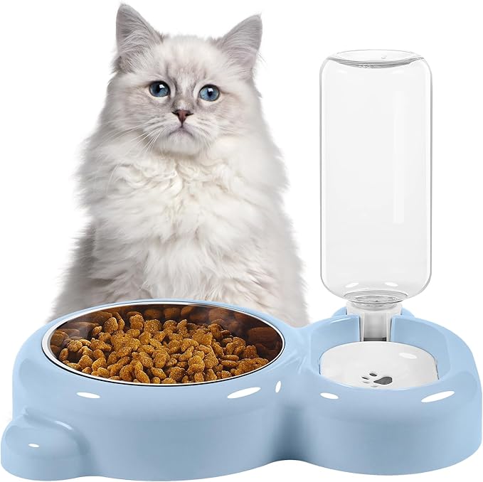 Dog Bowls, Cat Food and Water Bowl Set with Water Dispenser and Stainless Steel Bowl for Cats and Small Dogs - Light Blue
