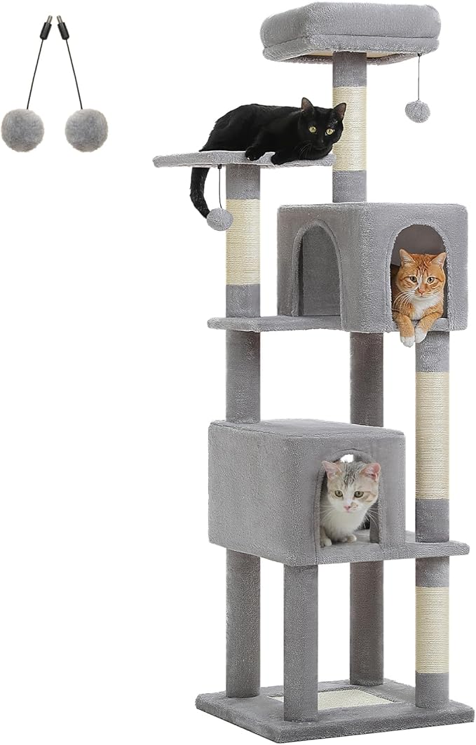 62" Cat Tree for Indoor Cats, Multi-Level Cat Tower with 2 Spacious Condos, Dual Top Perches, Scratching Pad, 4 Scratching Posts, 2 Pompoms, Grey