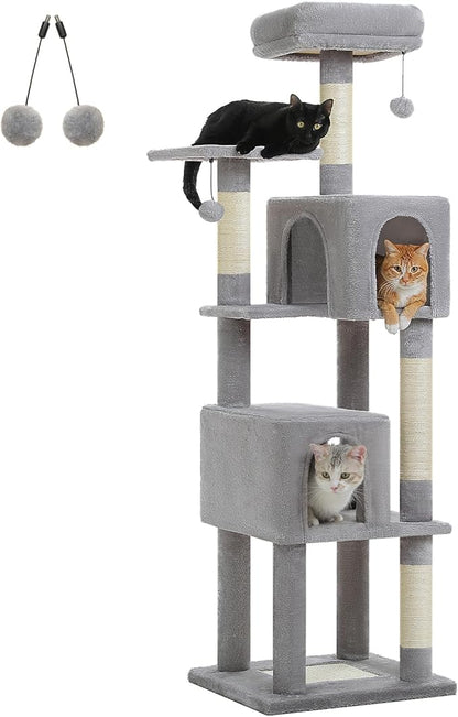 62" Cat Tree for Indoor Cats, Multi-Level Cat Tower with 2 Spacious Condos, Dual Top Perches, Scratching Pad, 4 Scratching Posts, 2 Pompoms, Grey