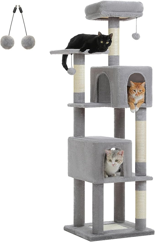 62" Cat Tree for Indoor Cats, Multi-Level Cat Tower with 2 Spacious Condos, Dual Top Perches, Scratching Pad, 4 Scratching Posts, 2 Pompoms, Grey
