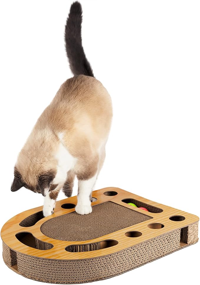 Furhaven Scratching Pad Ball Track Cat Toy w/ Catnip for Indoor Cats - Archway Busy Box Scratcher - Tan, One Size