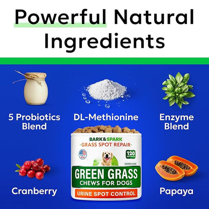 BARK&SPARK Green Grass Chews - Dog Pee Grass Spot Saver Caused by Dog Urine - Urine Neutralizer for Lawn, Gut Health Probiotics & Enzymes, Lawn Burn from Pee, Grass Burn Spot Chews Rocks