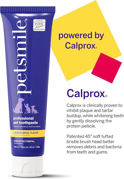 Petsmile Professional Pet Toothpaste for Cats & Dogs - Only VOHC Accepted Toothpaste - Clinically Proven to Control Plaque & Tartar Calprox Formula (London Broil, 4.2 Oz)