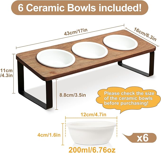 Sunhoo Elevated Cat Bowls for Indoor Cats Raised Tilted Food Water Kitty Dish Stand with 6 Ceramic Bowl Set Orthopedic Wooden Pet Feeder Feeding Sation Reduces Vomiting 4.7in Easy Assembly(Brown)