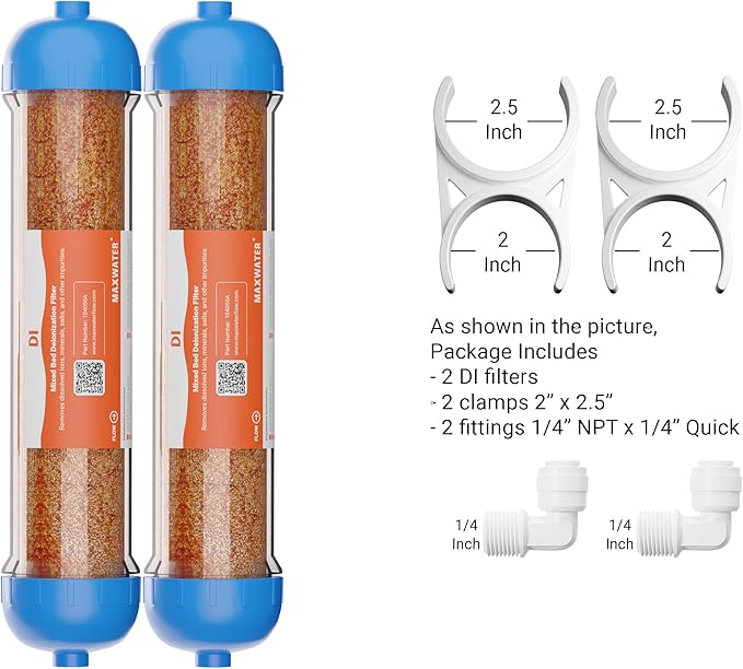 (2 Pack) Mixed Bed Ion Exchange Aquarium Filter Resin 0 PPM RO DI Refillable Housing w/Clamps & Fittings, Compatible with 10" Reverse Osmosis Water Filtration Systems, for High TDS in Water