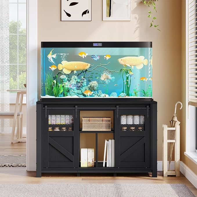 DWVO 120 Gallon Aquarium Stand with Power Outlets, Heavy Duty Metal Fish Tank Stand & Cabinet, Reptile Terrarium Table with 1100LBS Capacity for Aquarium Accessories Storage, Black