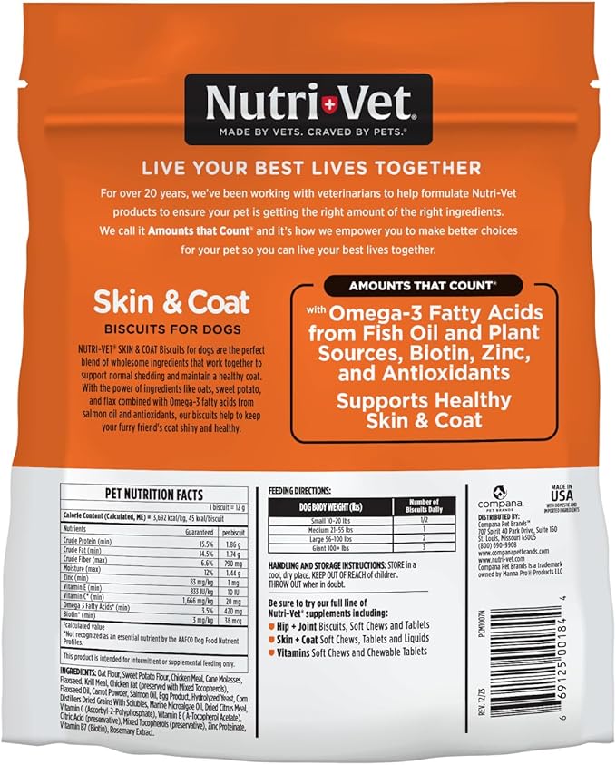 Nutri-Vet Skin & Coat Biscuits for Dogs, Tasty Dog Treat, Skin and Coat Supplement, Small Sized Biscuit, Omega-3 and Biotin, 16 oz