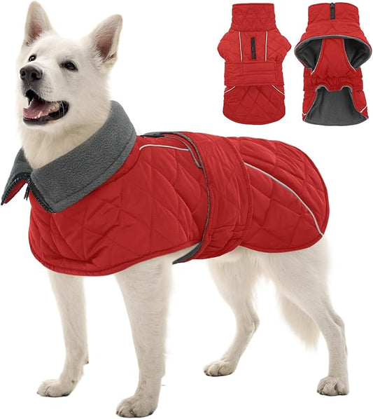 Kuoser Super-Warm Dog Jacket, Fleece Lined Turtleneck Snowsuit for Extra Large Dogs Boy Girl, Windproof Reflective Dog Winter Coat Christmas Pet Cold Weather Clothes, Red 2XL