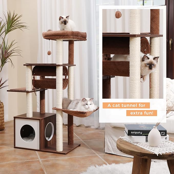 PEQULTI 51.4 Inches Modern Cat Tree Premium 6 Levels Wooden Cat Tower with Fully Sisal Covered Scratching Posts, Cozy Condo, Spacious Perch, Super Large Hammock and Swing Tunnel for Indoor Cats Brown