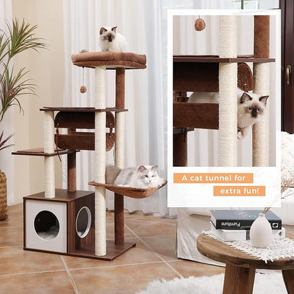PEQULTI 51.4 Inches Modern Cat Tree Premium 6 Levels Wooden Cat Tower with Fully Sisal Covered Scratching Posts, Cozy Condo, Spacious Perch, Super Large Hammock and Swing Tunnel for Indoor Cats Brown