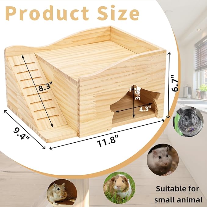 Guinea Pigs Hideout, Wood Hamster House Castle with Stairs and Window, Small Animals Bed Hut Habitats, Ideal for Chinchillas Dwarf Mice Gerbils Playing Hiding, No Installation Required