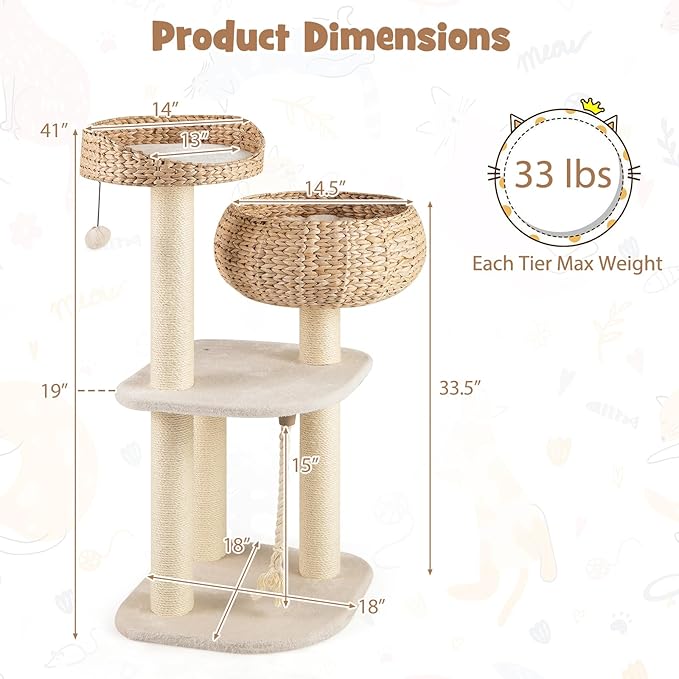 Tangkula Modern Cat Tree, Tall Cat Tower with Natural Sisal Scratching Post, Hand-Made Wicker Cat Condo & Top Perch, Funny Hanging Toy Ball, Cute Cat Tree Tower for Indoor Cats