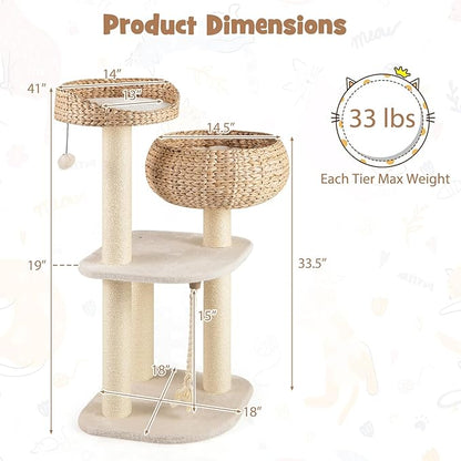 Tangkula Modern Cat Tree, Tall Cat Tower with Natural Sisal Scratching Post, Hand-Made Wicker Cat Condo & Top Perch, Funny Hanging Toy Ball, Cute Cat Tree Tower for Indoor Cats
