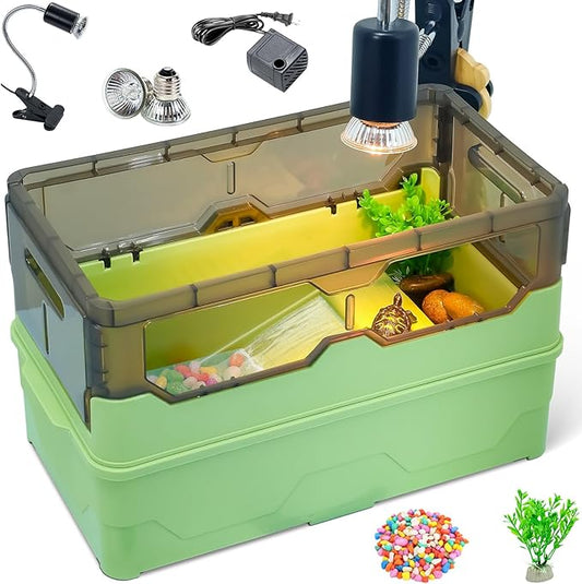 Turtle Habitat Tank Kit– Fresh Filtration, Waterplay Fun, Diverse Living, Heat Lamp, Water Pump and Convenient Water Changes in Tanks Habitat Kits Turtle cage (Green, Medium)