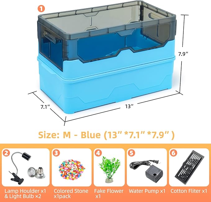 Turtle Habitat Tank Kit– Fresh Filtration, Waterplay Fun, Diverse Living, Heat Lamp, Water Pump and Convenient Water Changes in Tanks Habitat Kits Turtle cage (Blue, Medium)
