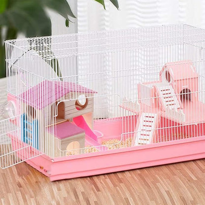 kathson Pet Small Animal Hideout Hamster House with Funny Climbing Ladder Slide Wooden Hut Play Toys Chews for Small Animals Like Dwarf Hamster and Mouse(Pink)