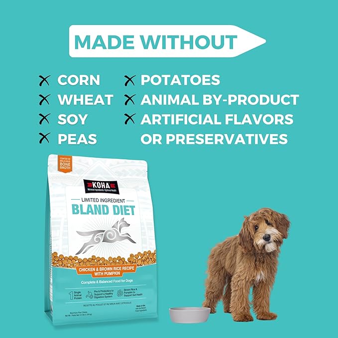 KOHA Limited Ingredient Bland Diet Dry Food for Dogs - Chicken & Brown Rice Recipe, Sensitive Stomach Dog Food - Pumpkin for Digestive Support, 20 lbs