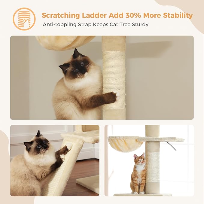PEQULTI Cat Tree Floor to Ceiling, Tall Cat Tower, Adjustable Height (83''-108'') 5 Tiers Climbing Tree for Indoor Cats with Cat Condo, Scratching Post and Ladder, Beige