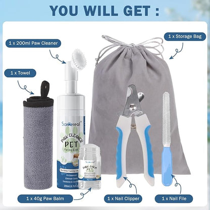 SCENEREAL Dog Paw Care Kit for Repairs Dry Cracked Paws & Nose, No-Rinse Foaming Cleaner & Balm & Nail Clipper File Set, Pet Foot Washer Paw Scrubber Brush for Large Medium Small XL Breed Dogs Cats