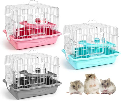1 PCS Dwarf Hamster Cage Portable, 2-Tier Small Animal Habitat Travel Hamster Cages with Exercise Wheel, Water Bottle, Food Dish for Dwarf Hamsters, Mice, Gerbils (Grey/Blue/Pink, Random Delivery)