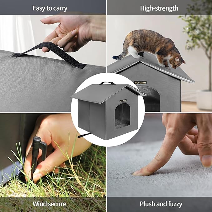 Rest-Eazzzy Outdoor Cat House, Feral Cat House Insulated with Mat and Clip, Weatherproof and Insulated, Cat Beds for Cats Kittens Puppies, Never Blow Away (Grey, S 13" X 13" X 14")