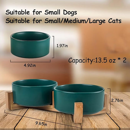 Petygooing Dog Bowls,Green Ceramic Cat Dog Bowl Set with Stand for Food and Water Feeder,Non-Slip Cute Modern Pet Dishes for Cats Small Size Dogs Puppy (13.5OZ/5.1 in)