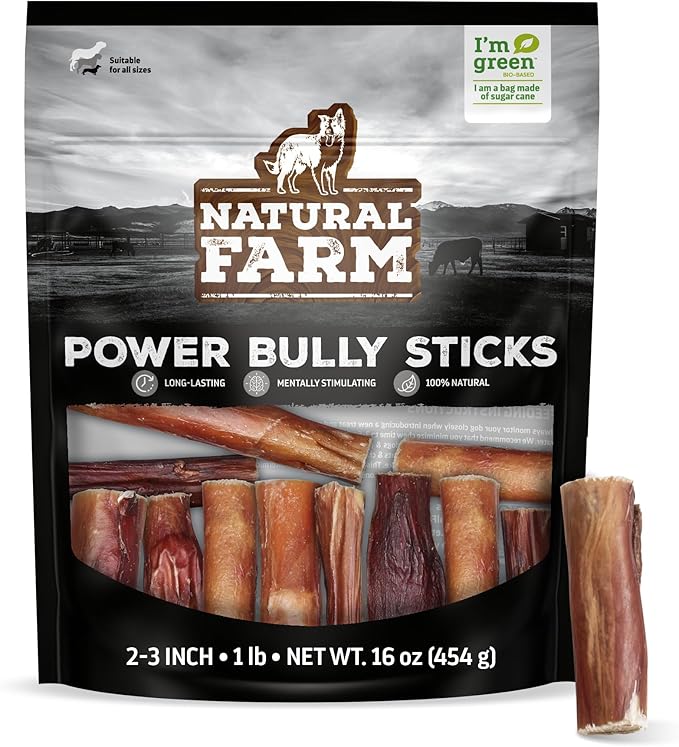 Natural Farm Power Bully Sticks Dog Chews (2-3”, 1 Pound Bag), 2-in-1 Power Chews: Premium Beef Cheek Wrapped in Beef Pizzle, Double Chewing Time, Promotes Dental Health, Great for Small Dogs
