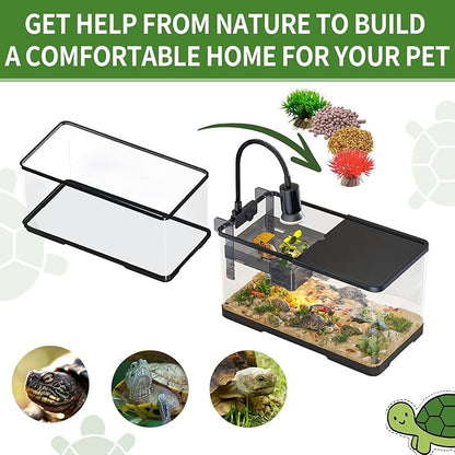 (Tank + Light + Filter Balls) Turtle Tank Kit, Turtle Tank Starter Kit,Bottom Drainage, Multi-Function Areas for Turtles, Crabs,Fishes, Amphibians,Reptiles. (11.81 × 7.88 × 7.88 Inch)