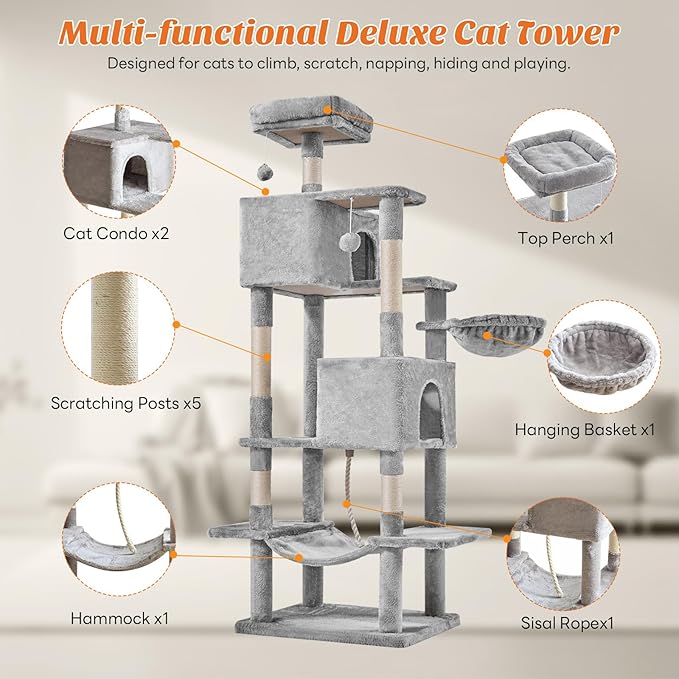 Sweetcrispy 66 inch Cat Tree Tower, Large Multi Level Cat Climbing Tower with Condo, Natural Sisal Scratching Posts, Extended Platform, Hammock, Pet House for Indoor Cats and Kittens Play, Grey