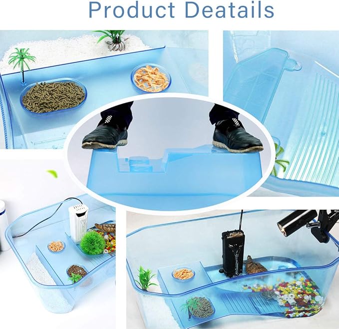 PINVNBY Plastic Turtle Tank Reptile Habitat Pet Terrariums Turtles Tank Aquarium Terrapin Topper Basking with Platform Plants,Durable,Safe, Non-Toxic(Blue)