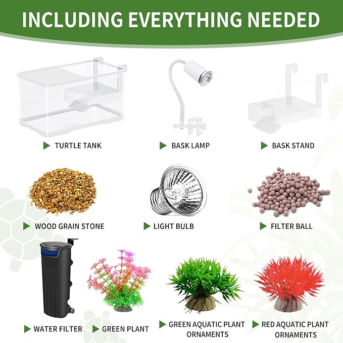 (Tank + Light + Filter + Filter Balls) Turtle Tank Kit, Turtle Tank Starter Kit,Bottom Drainage, Multi-Function Areas for Turtles, Crabs,Fishes, Amphibians,Reptiles. (21.65 × 12.28 × 12.28 Inch)