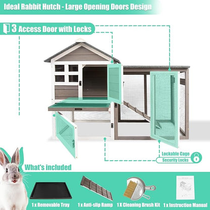 48" L Rabbit Hutch Indoor Outdoor Rabbit Cage with Run, Pull Out Tray, Asphalt Roof Large 2 Story Bunny Hutch Wooden Chicken Coop Guinea Pigs Pet House Cage for Small Animals(Grey)