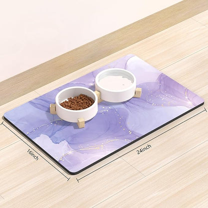 Rnivvi Dog Food Mat, 16" x 24" Marble Absorbent Dog Cat Bowl Mat for Food and Water, Cute Anti-Slip Rubber Pet Feeding Rug Protect Floors, Puppy Placemat for Feeding & Watering Supplies, Purple