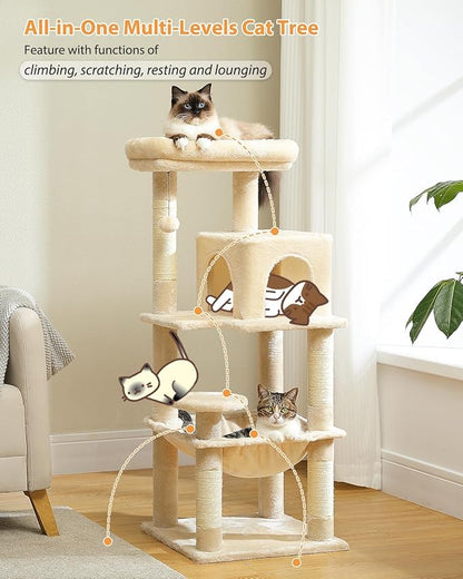 PEQULTI 45.7'' Cat Tree for Indoor Cats with Metal Frame Big Hammock, Cat Tower for Small or Medium Cats with Cat Condo House, with Scratching Posts and Top Perch, Beige