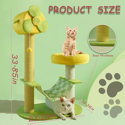 Modern Cat Tree Tower with Hammock, 33.8-inch Compact Scratching Post, Featuring Plush Cat Bed and Hanging Ball, Multi-Level Cat Furniture for Indoor Cats. Green