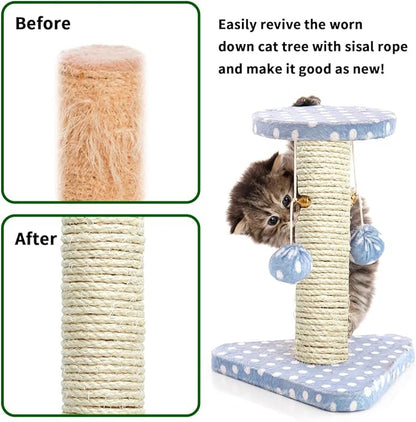 White Sisal Rope 1/4 Inch by 65-Feet for Cat Scratching Post Tree Tower Replacement Repair and Replace, DIY Hemp Twine Rope for Kittens Shelves Furniture Window Bed Perch Kicker Toys, 6mm by 20m