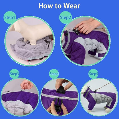 MIGOHI Full Body Dog Coat - Warm Reflective Winter Coat with Harness, Turtleneck Fleece Jacket for Small to Large Dogs - Four-Legged Snowsuit with Zipper