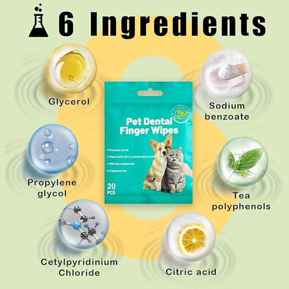 Portable Dog Teeth Dental Finger Wipes for Dogs & Cats No-Rinse Dog Finger Toothbrush Dog Plaque & Tartar Prevention with Brushing Beads Dog Breath Freshene 20pcs